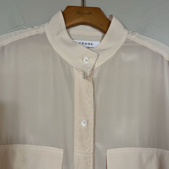 Frame 100% Silk Long Sleeve Button Down Blouse, Patch Pockets Ivory Size Small - Picture 6 of 15